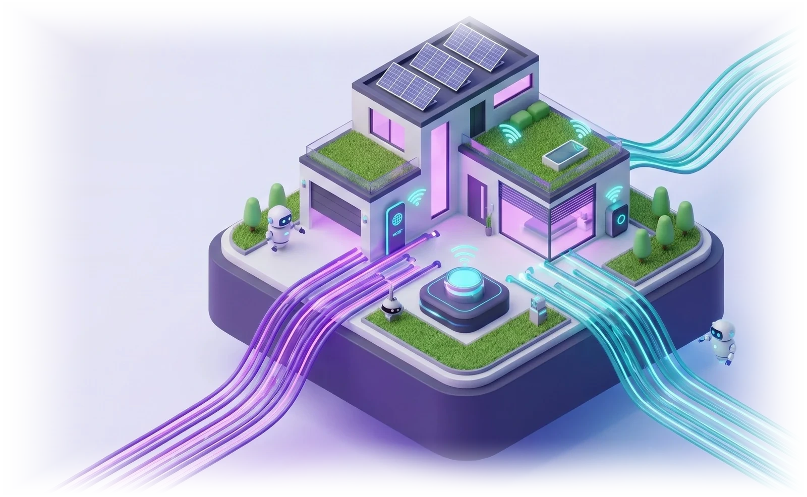 Illustration of a two-story house with rooftop solar panels, fed by bundles of purple and teal light strands