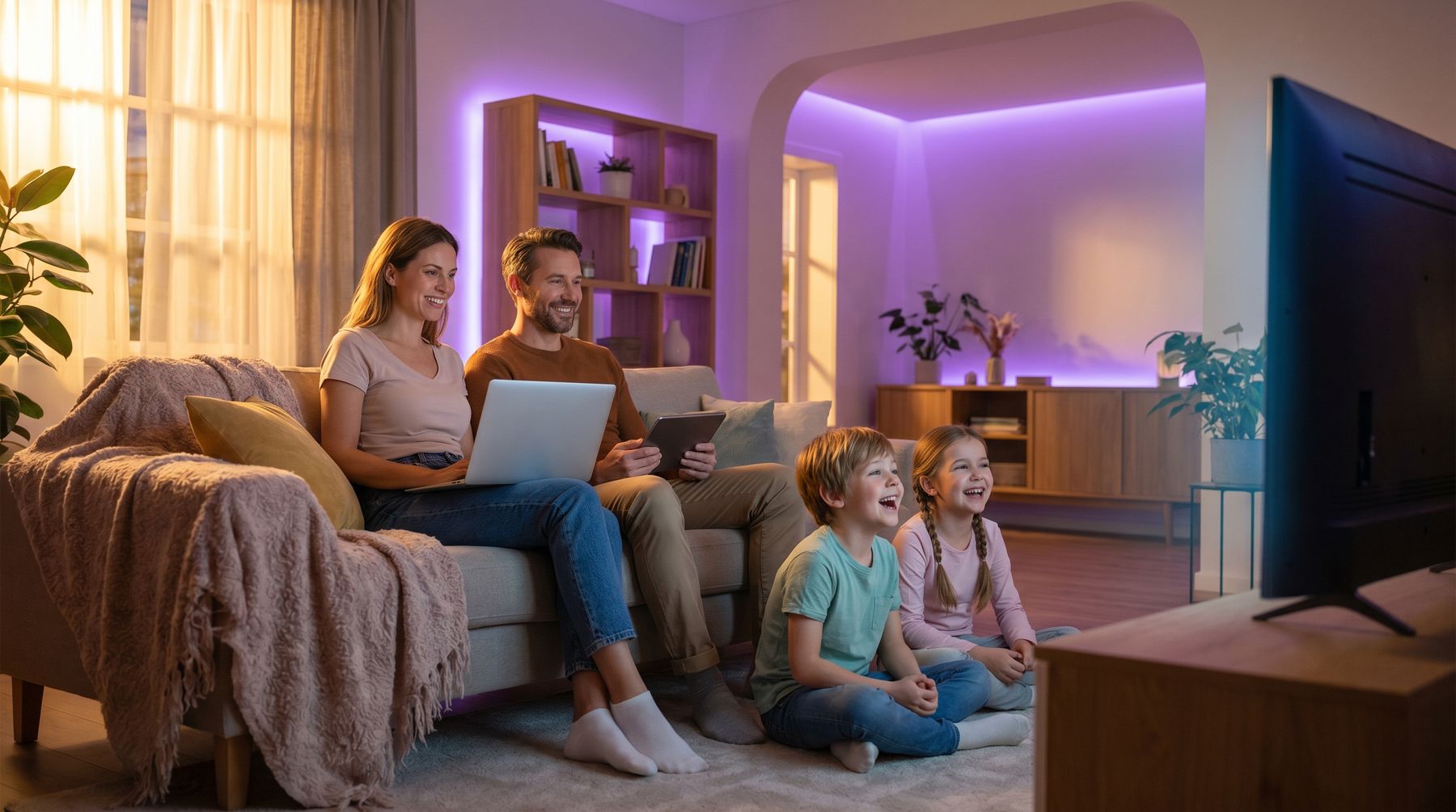 A mother with a laptop and a father with a tablet on the sofa while their two children laugh at the TV from the rug