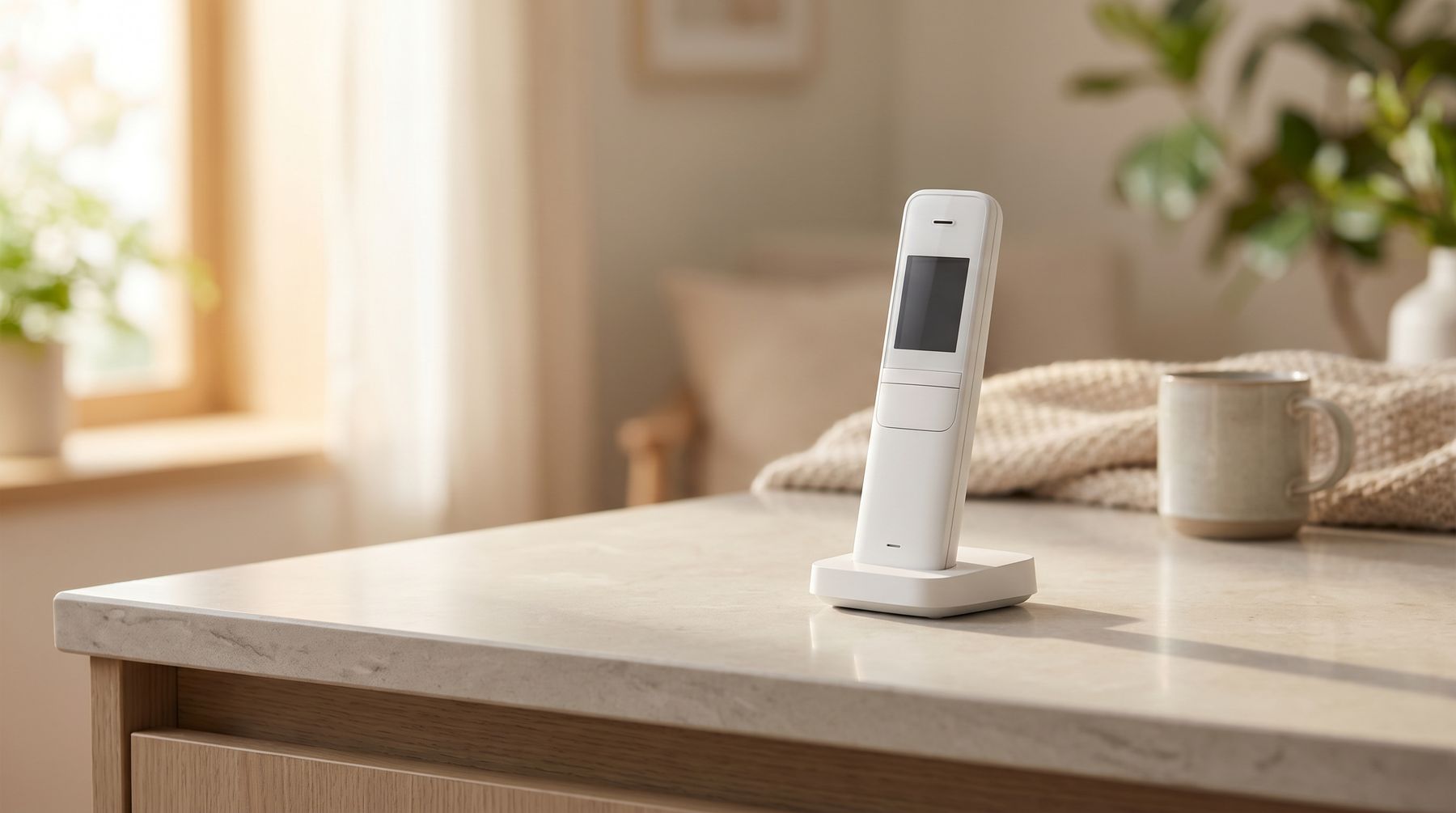 A white cordless phone standing in its charging base on a stone countertop