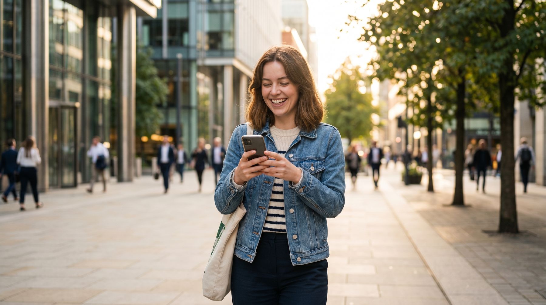 A smiling woman in a denim jacket reading her phone on a busy city sidewalk