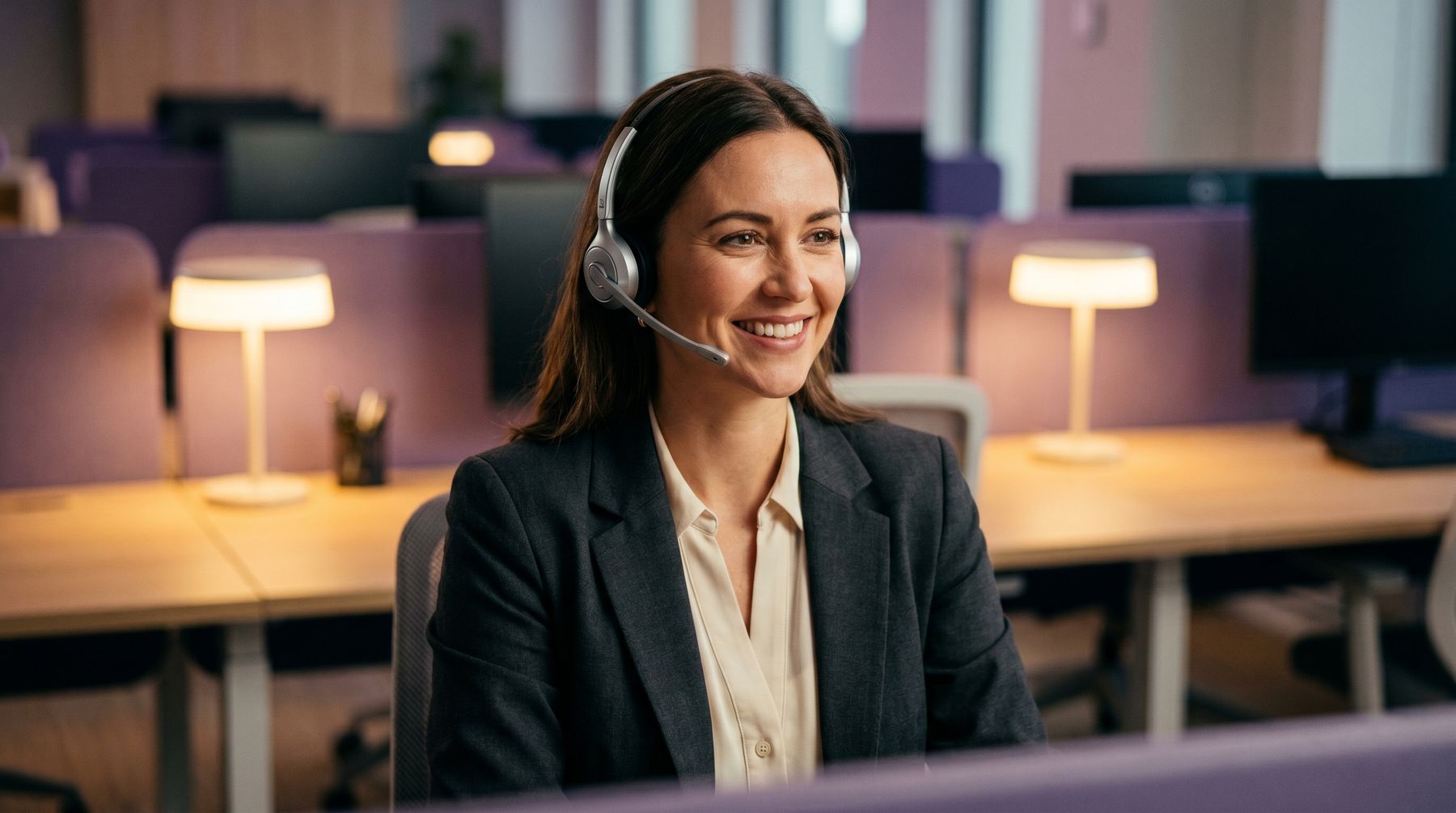 A smiling sales agent in a dark blazer and silver headset at a desk in a lamp-lit office