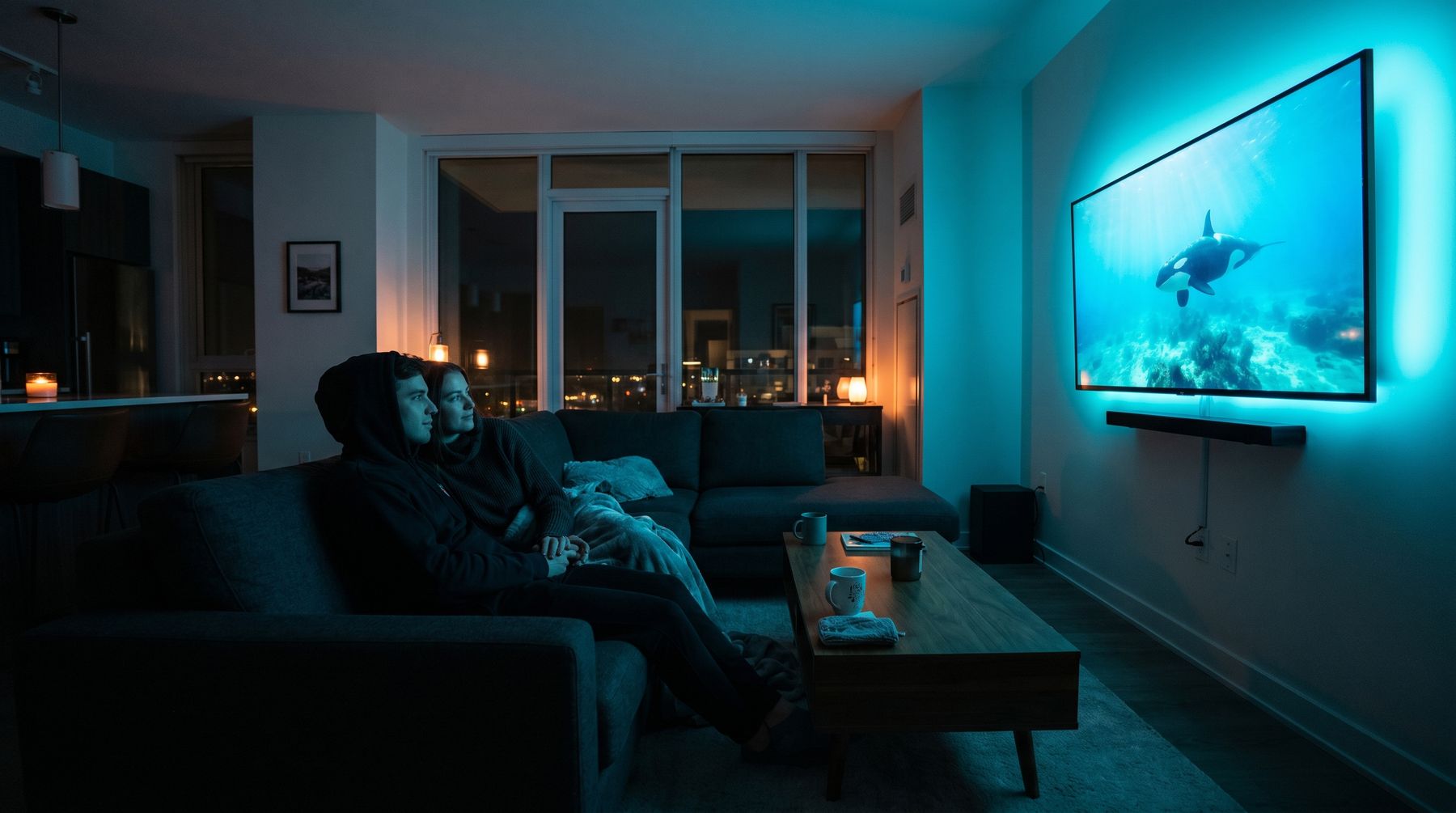 A couple on a sofa in a dark apartment watching an orca swim across a wall-mounted TV