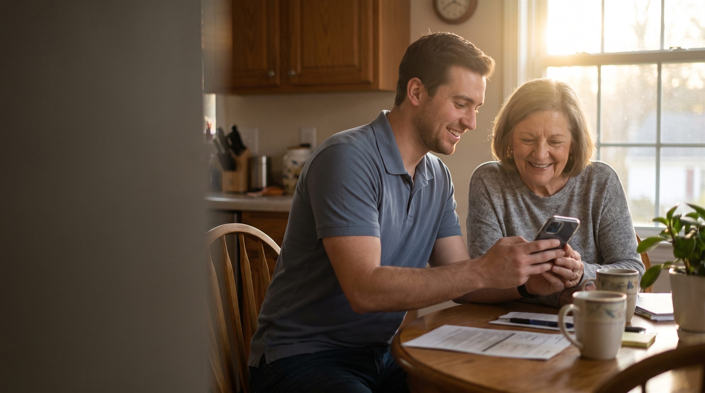 A young man shows his phone to an older woman at a sunlit kitchen table with coffee mugs and papers