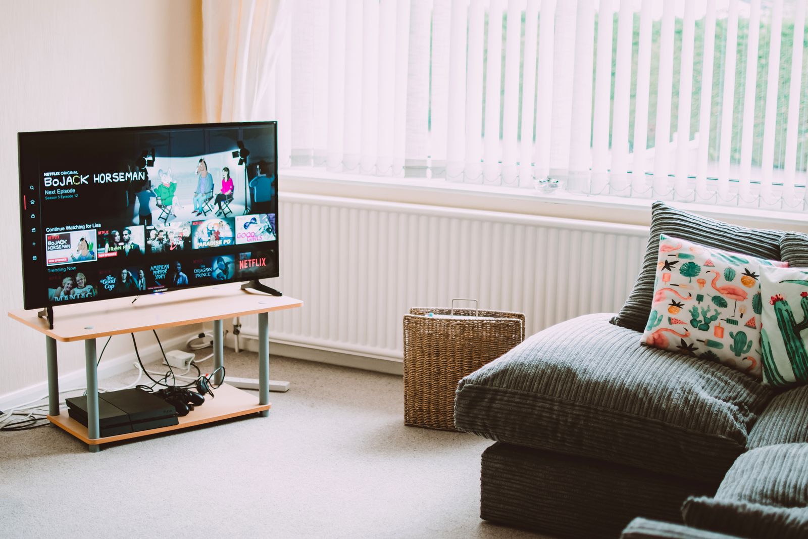 Living room with a TV showing a streaming menu on a low stand, a game console on the shelf and a gray corduroy sofa