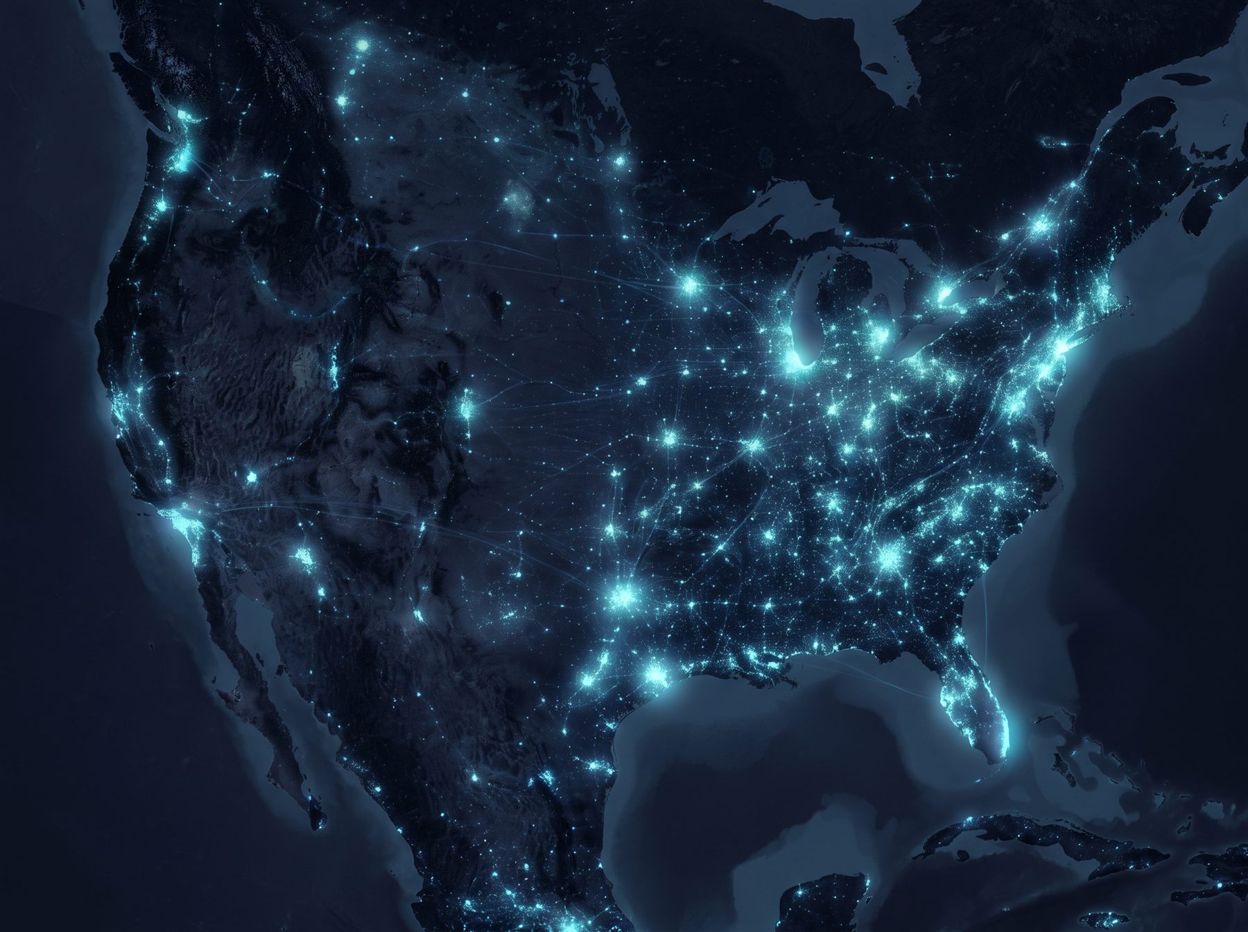Night map of the United States with cities glowing in blue light