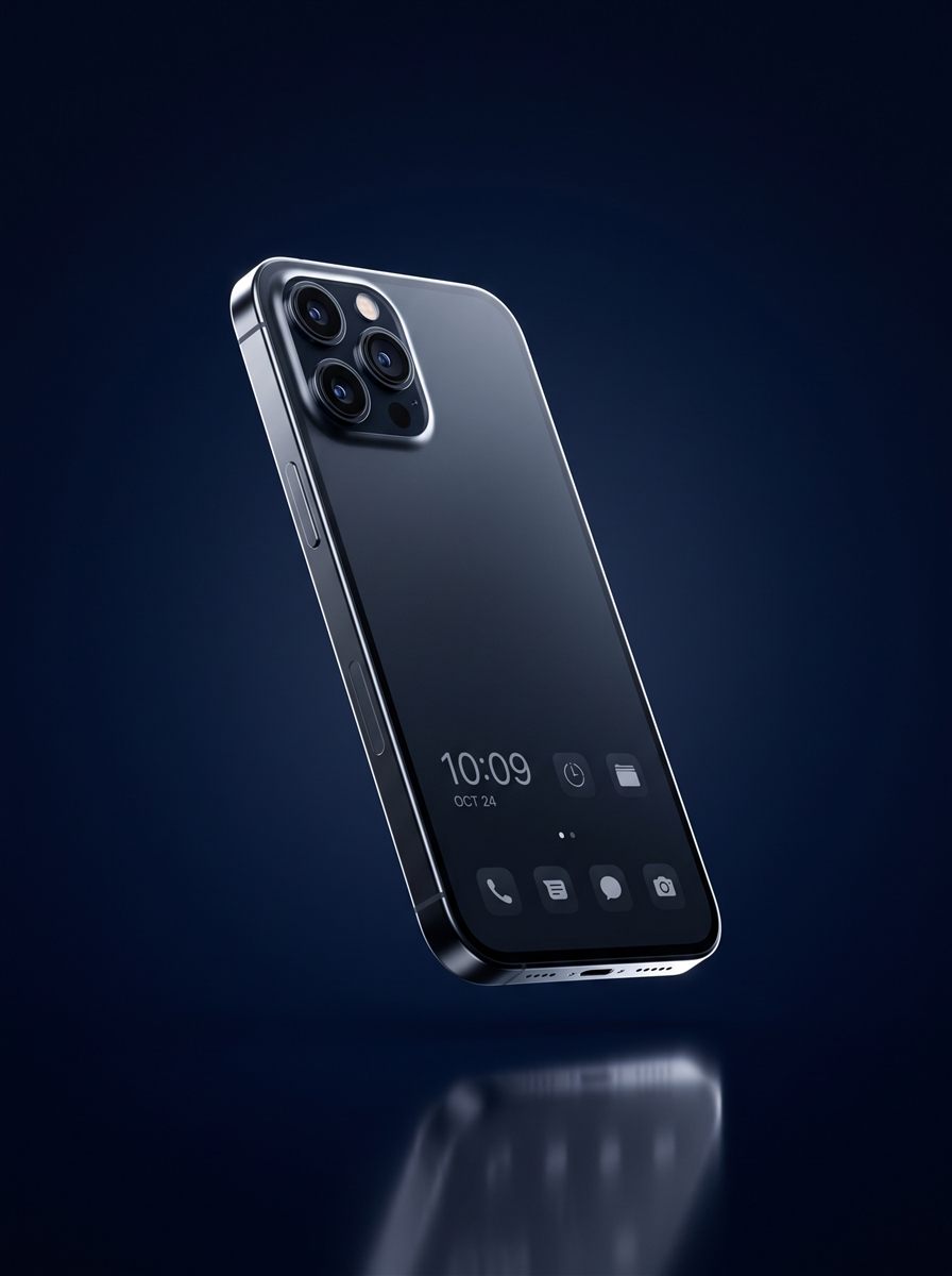 Graphite smartphone with a three-lens camera floating over a navy backdrop