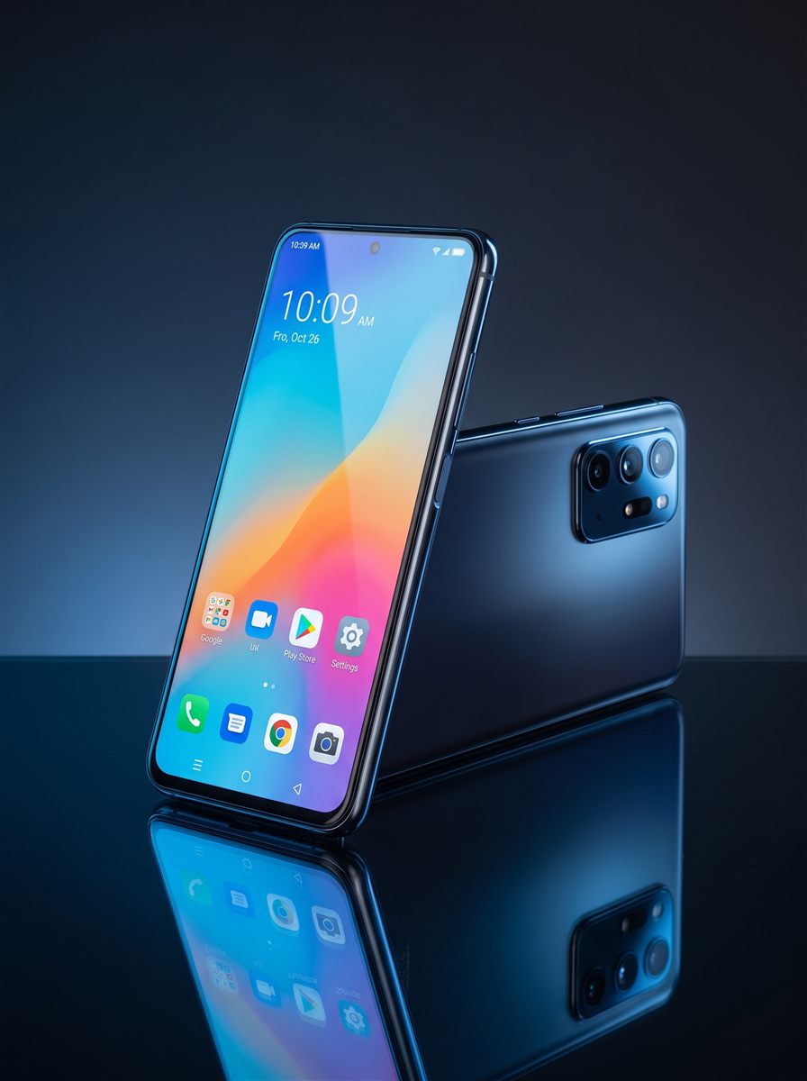 Two Android phones on a glossy surface, one showing its home screen and one its camera module