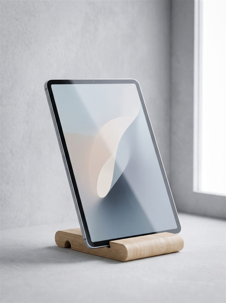 Tablet propped in a pale wooden stand beside a bright window