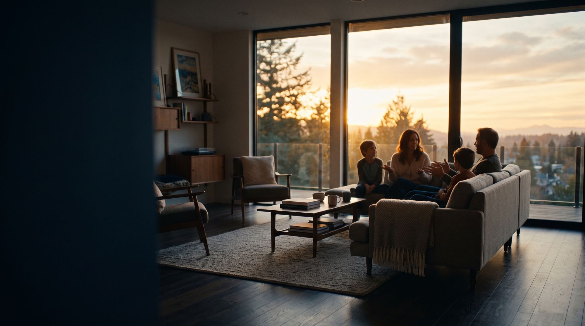A family of four talking on a sofa by floor-to-ceiling windows at sunset