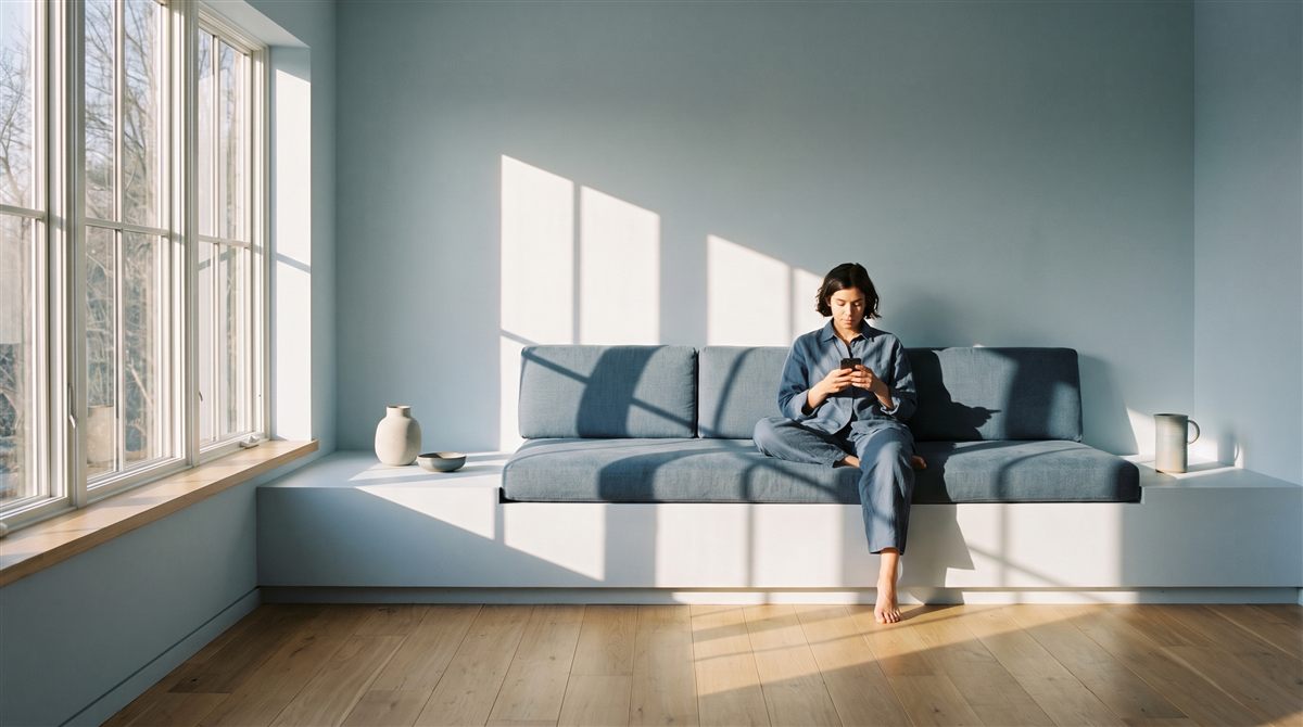Woman sitting barefoot on a window-side bench, looking at her phone in a sunlit pale blue room