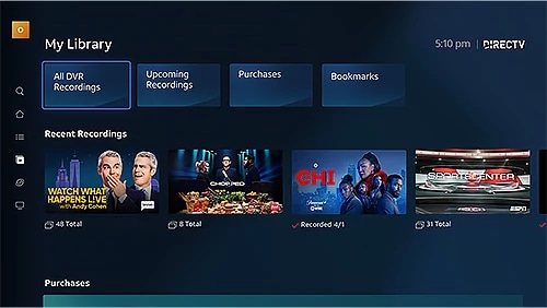 Recent DVR recordings lined up under the tabs of the My Library screen