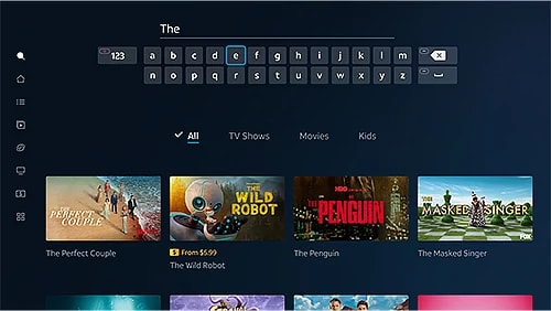 An on-screen keyboard above search results, filtered by All, TV Shows, Movies and Kids
