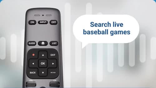 A grey voice remote next to a speech bubble reading Search live baseball games