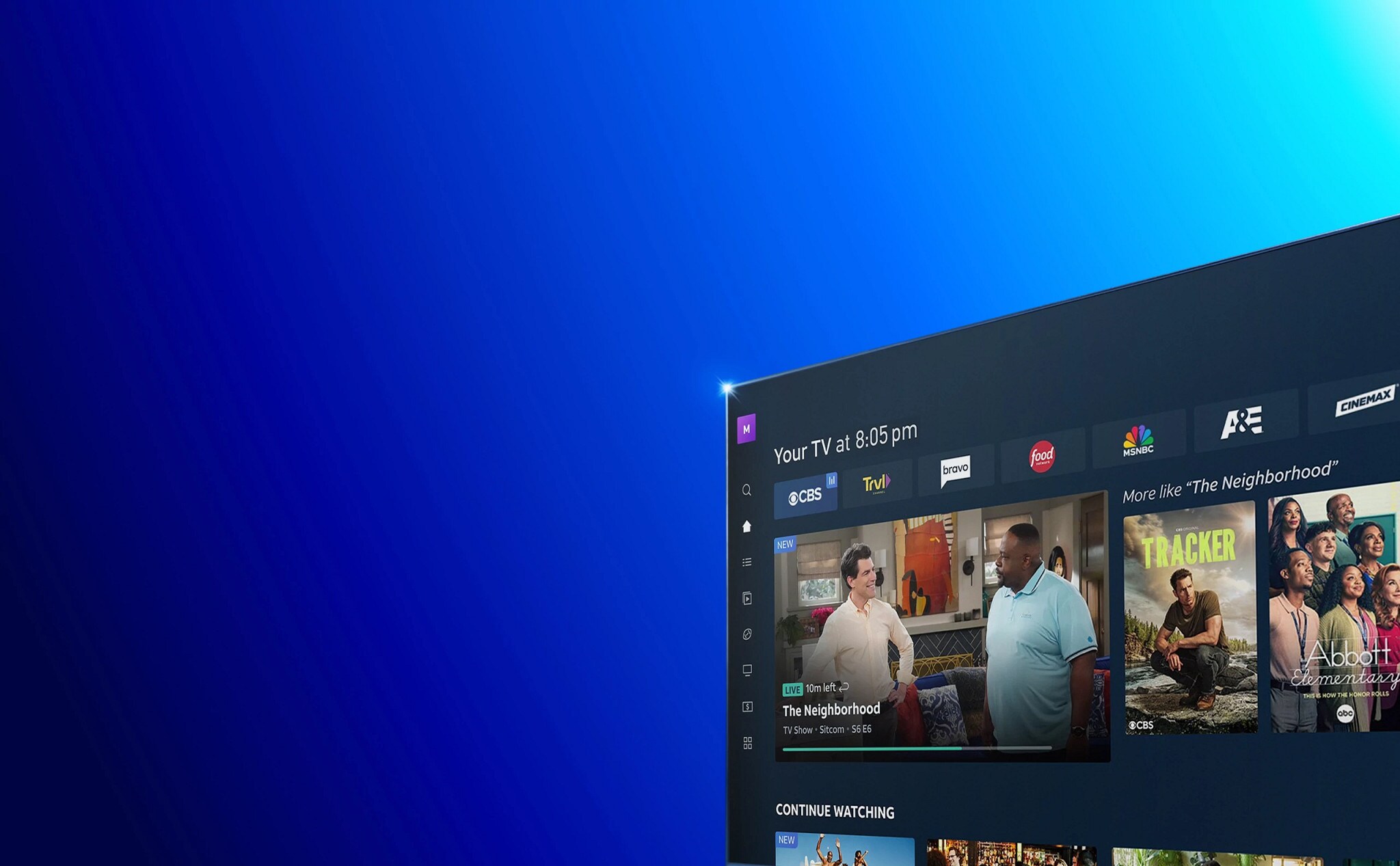 A TV guide screen titled Your TV at 8:05 pm, with a live sitcom tile and a row of channel logos