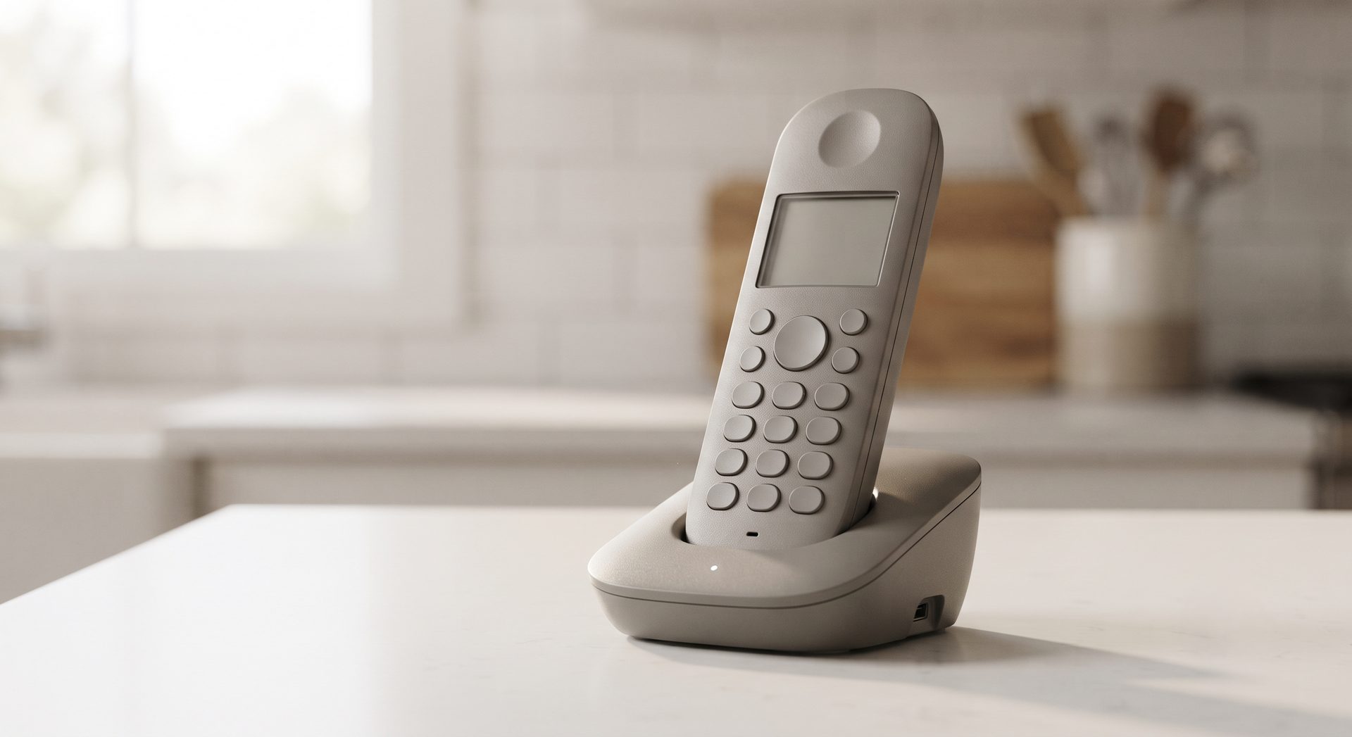 Taupe cordless phone upright in its charging cradle on a white kitchen countertop