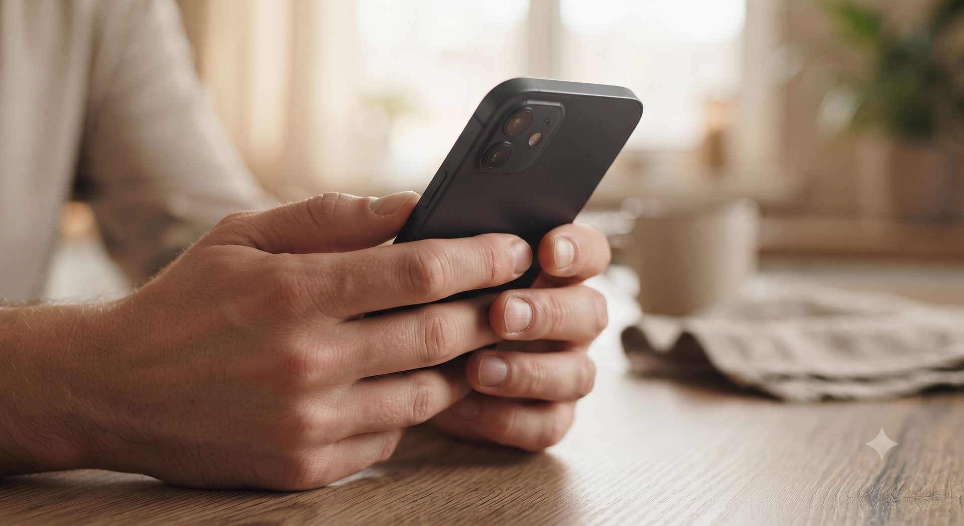Close-up of hands holding a black smartphone at a wooden table