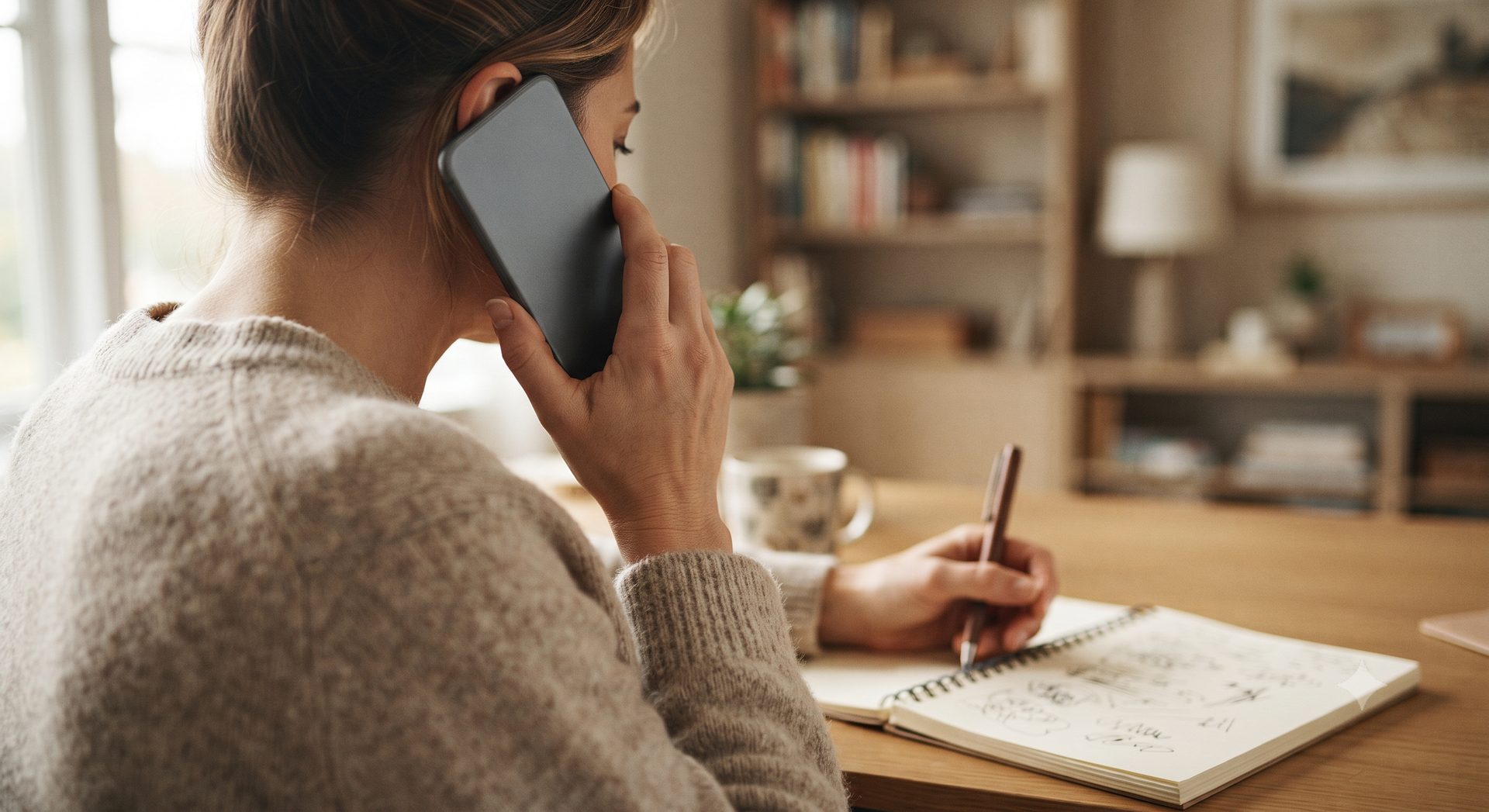 Woman in a knit sweater on a phone call, jotting notes in a spiral notebook
