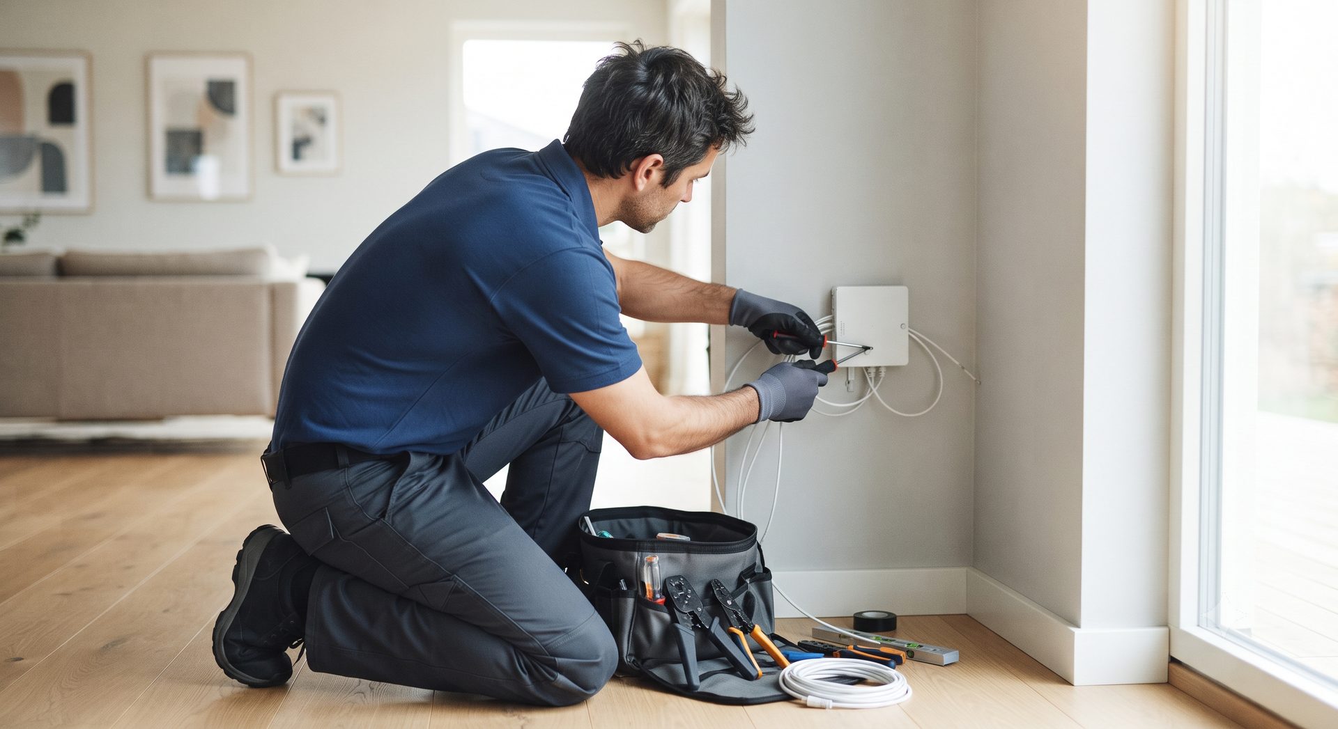Technician in a navy polo kneeling to wire a small white box on a living-room wall, tool bag beside him