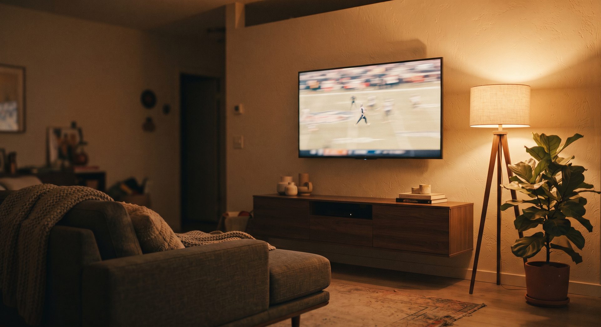 Football on a wall-mounted TV above a wooden media console, beside a tripod floor lamp and a potted fig