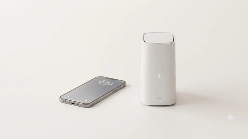 A white Wi-Fi gateway with a phone set flat on the table beside it