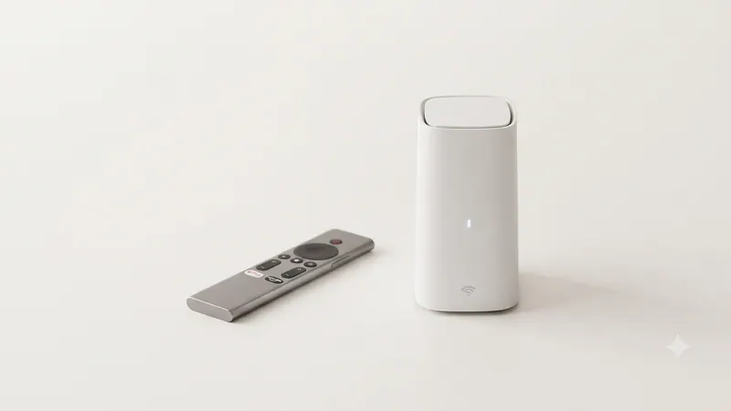 A gray streaming remote lying in front of a white Wi-Fi gateway