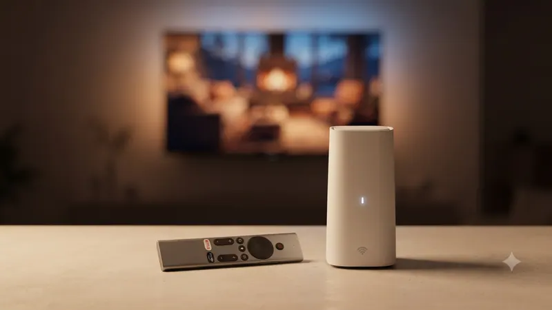 A remote and a white gateway on a table, with a TV glowing out of focus behind them