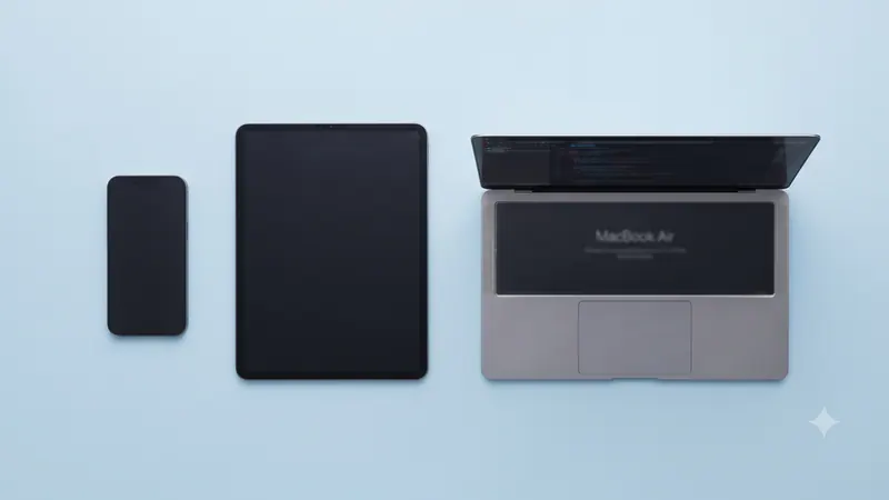 A phone, a tablet and an open laptop lined up on a pale blue desk
