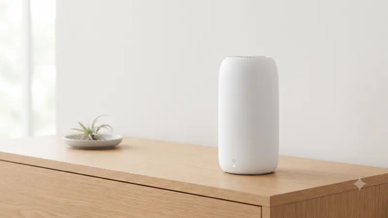 A tall white gateway on an oak dresser beside a small air plant