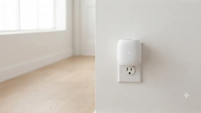 A compact white extender plugged into a wall socket in an empty room