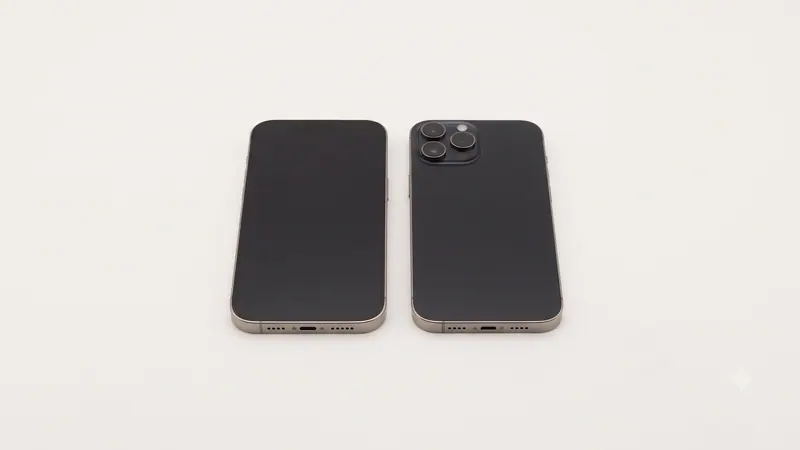 Two phones side by side, one face up and one showing its triple camera