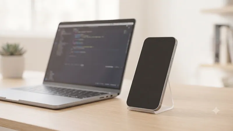 A phone on a clear stand next to an open laptop showing code