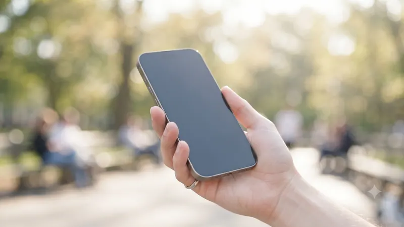 A phone held up in one hand on a sunny, tree-lined path