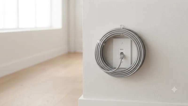 A gray network cable coiled around a wall data jack