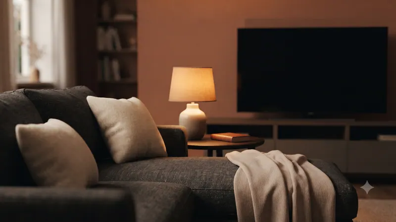 A charcoal sofa with cream cushions and a knit throw facing a TV, lit by a table lamp