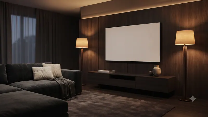 A dark wood-paneled den with a large screen between two lit floor lamps