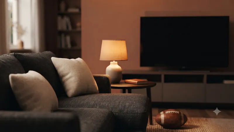 A charcoal sofa facing a TV, with an American football resting on the rug