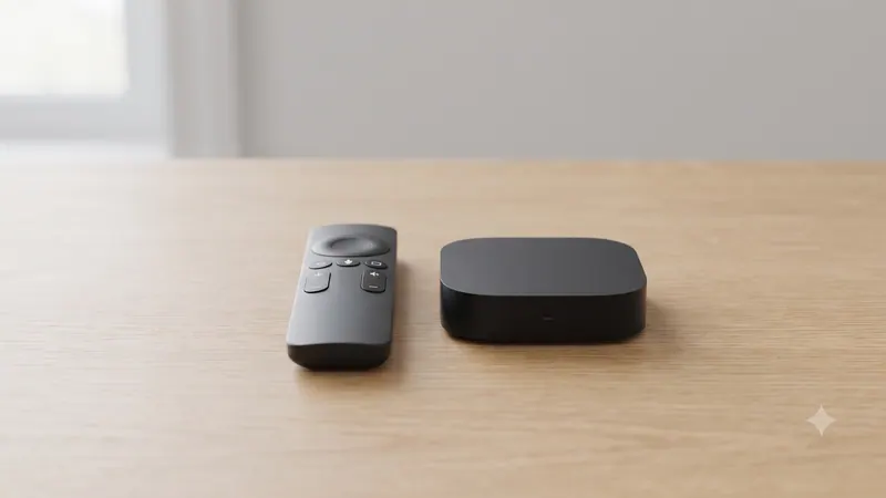 A black streaming box and a slim remote side by side on light oak
