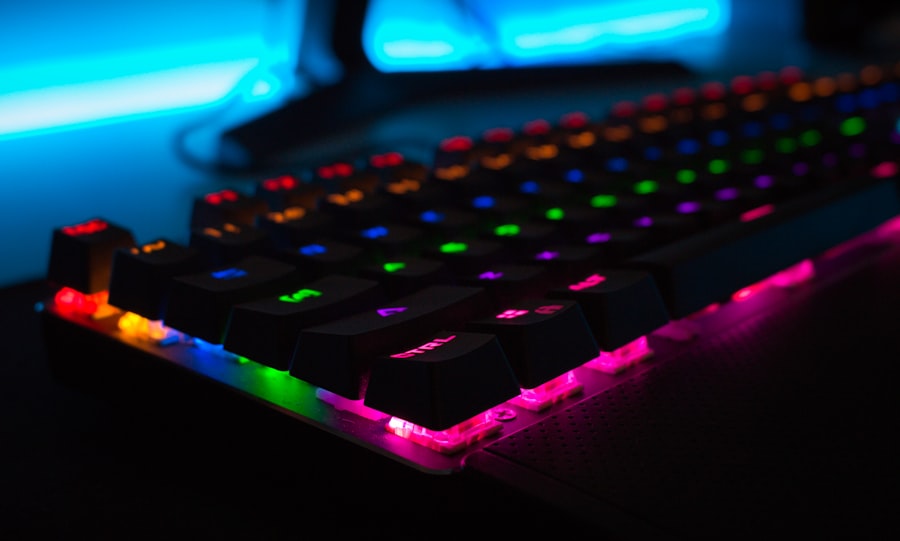 A mechanical keyboard with rainbow backlighting in a dark room