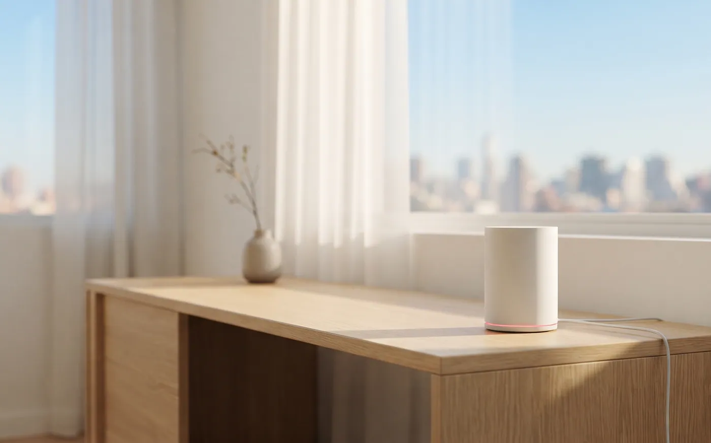 A white cylindrical gateway on a wooden desk by a sunny window with a city view