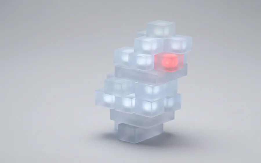 Frosted glass cubes stacked into a small tower, one glowing red