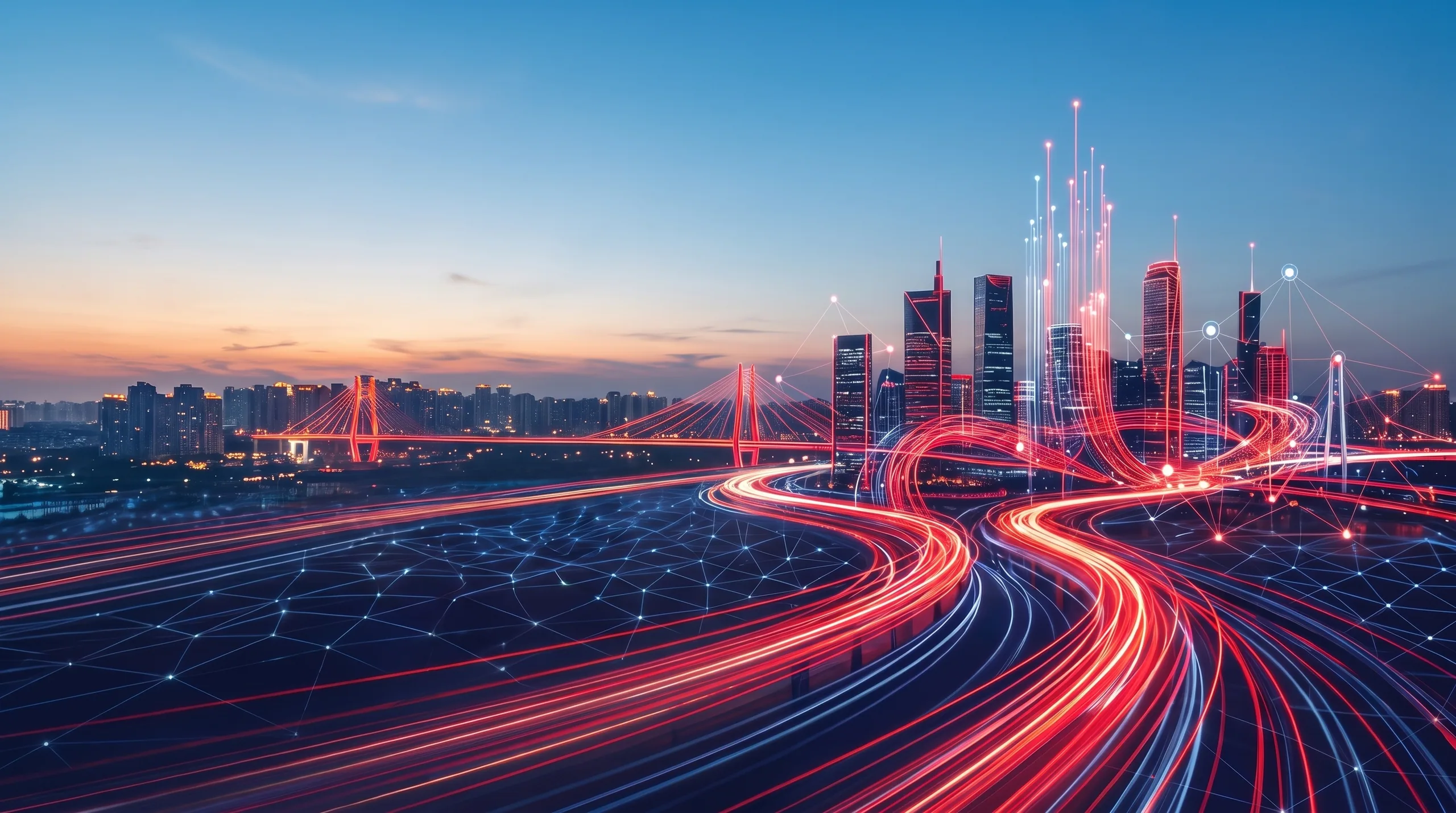 Red and white light trails curving past a cable-stayed bridge toward city towers at dusk