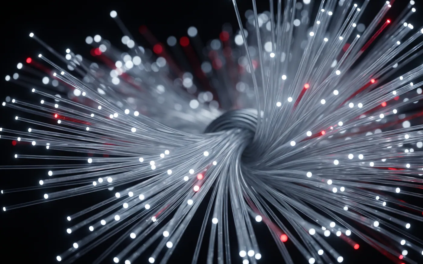 A twisted bundle of optical fibers fanning out, the tips lit white and red