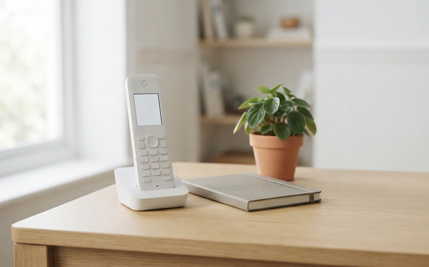 A white cordless phone in its dock on a light wood table beside a notebook and a potted plant