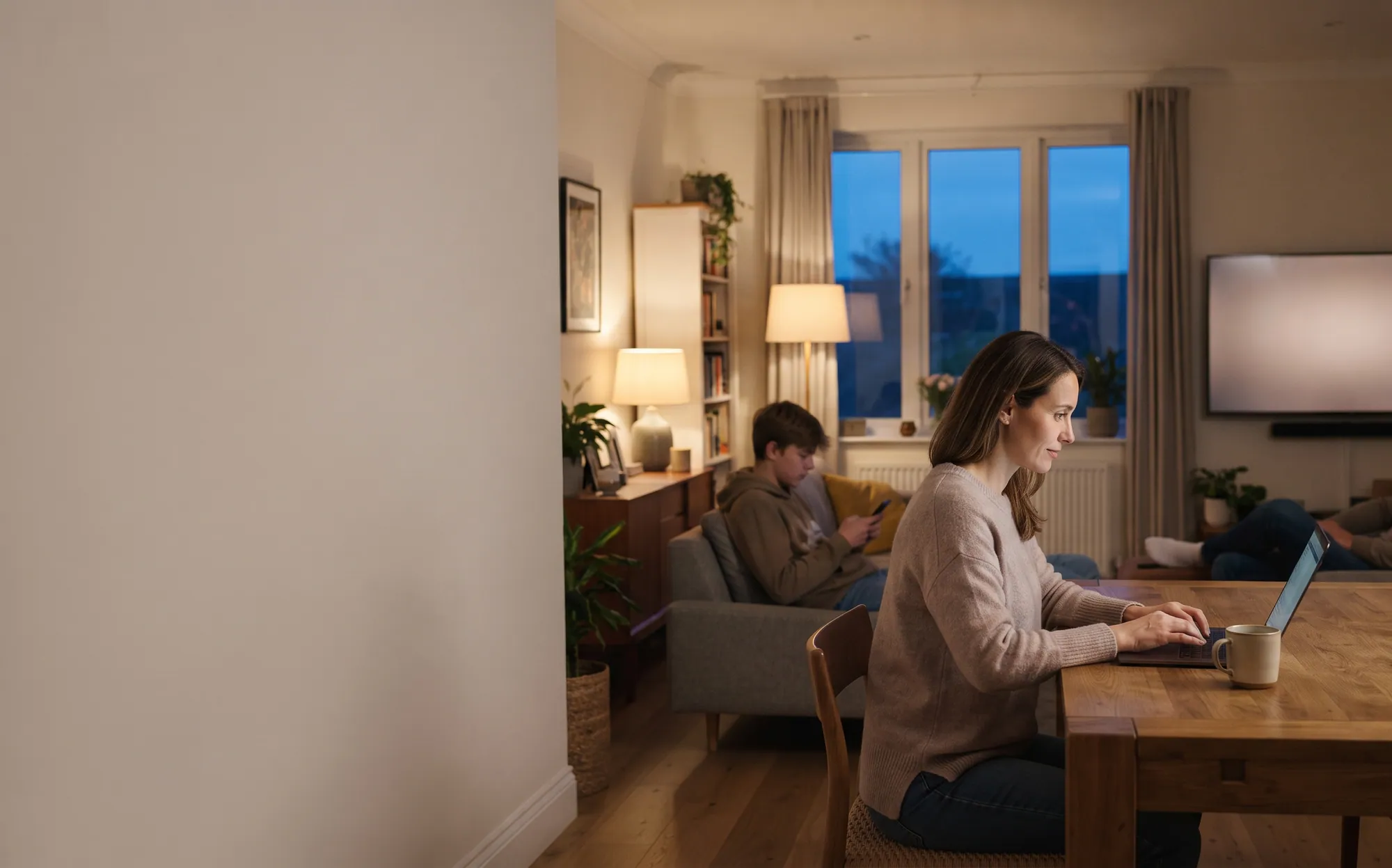 A woman types on a laptop at the dining table while a teenager uses his phone on the sofa