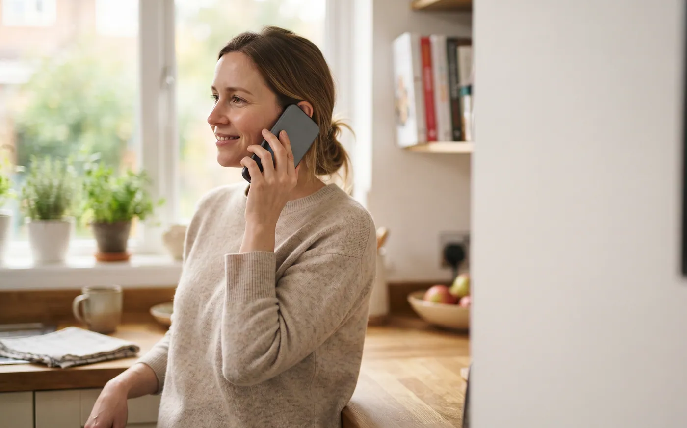 A smiling woman on a phone call, leaning on a kitchen counter by a sunny window